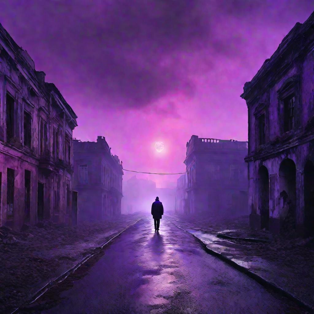 Одинокий человек блуждает в тумане по заброшенному ночному городу