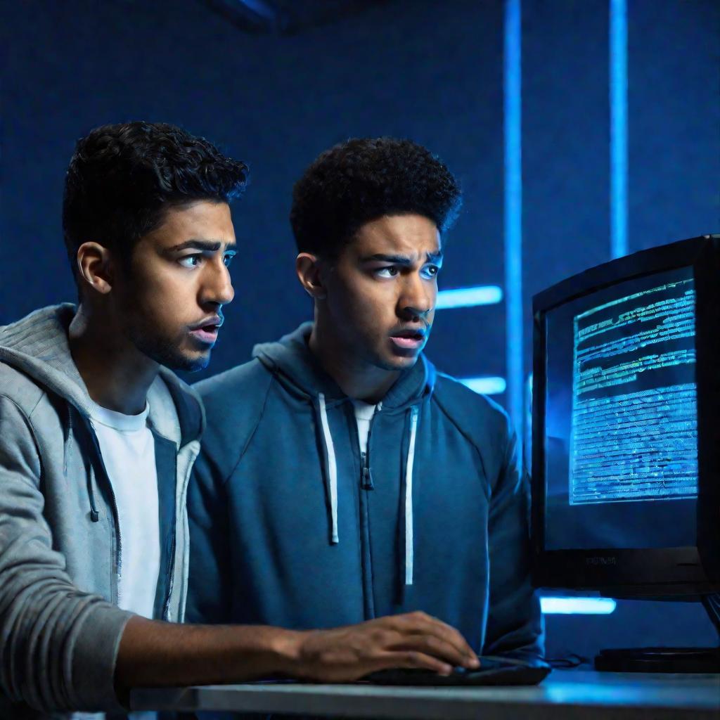 Два парня смотрят на экран компьютера с ошибками