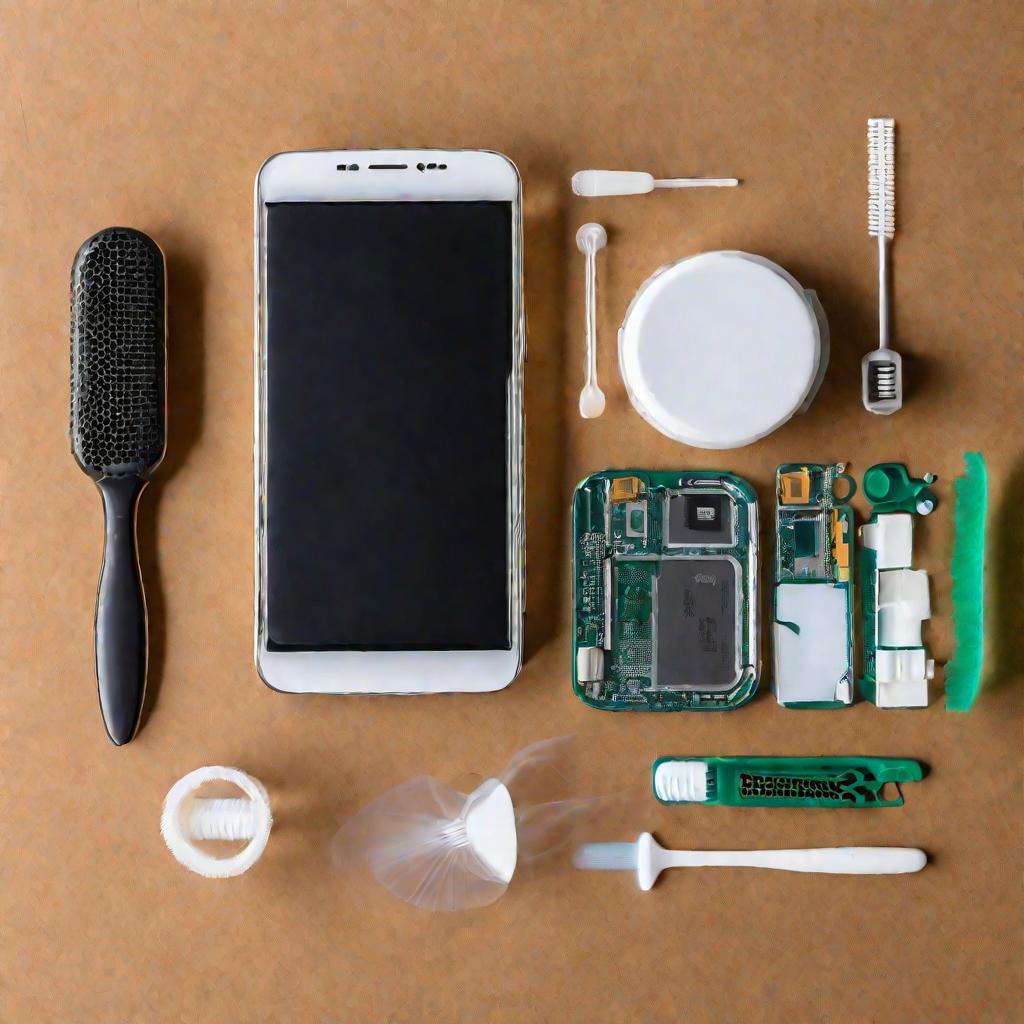 Разобранный смартфон, зубная щетка аккуратно чистит сетку динамика от грязи, рядом инструменты и принадлежности для очистки