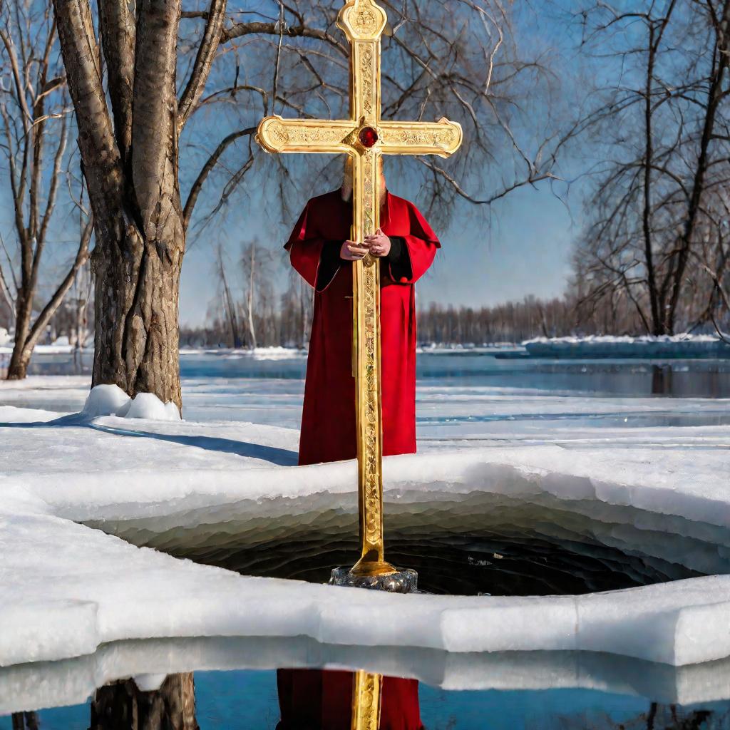 Поп окунает крест в прорубь на озере