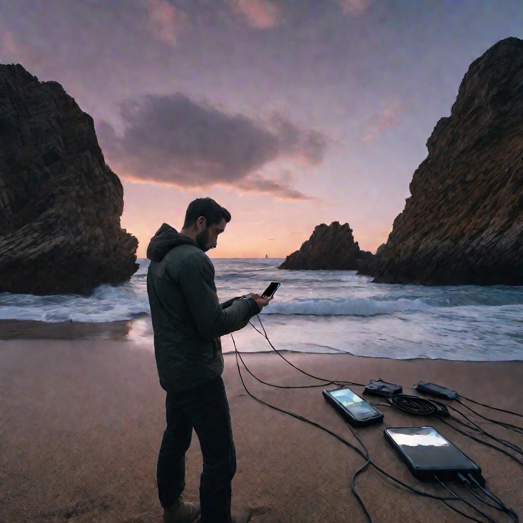 Мужчина заряжает телефон от внешнего аккумулятора на фоне пляжа в сумерках