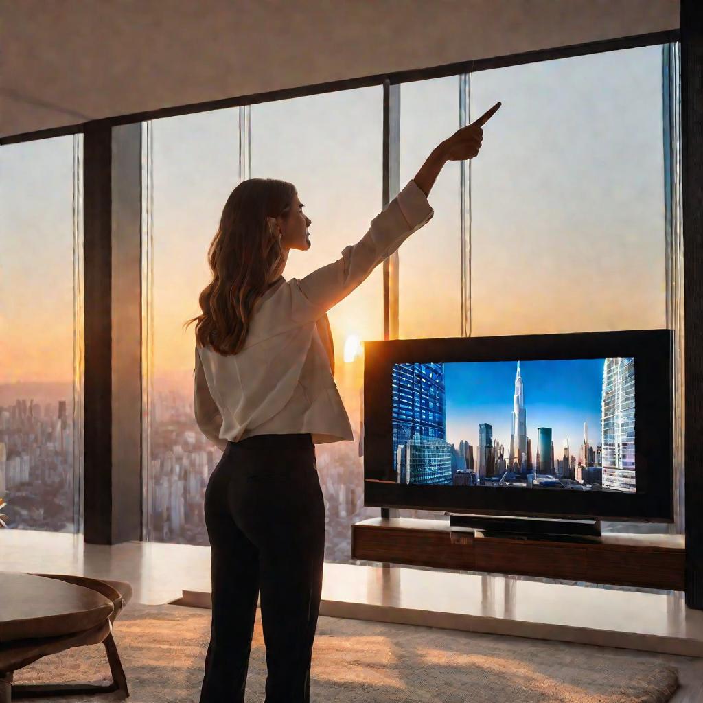 Женщина направляет пульт на современный телевизор