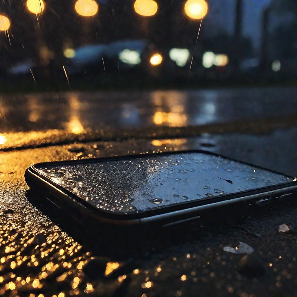 Разбитый телефон на тротуаре ночью