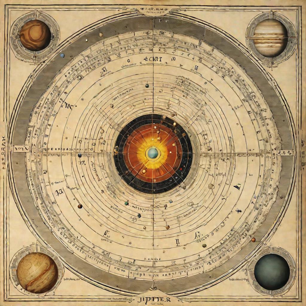 Древняя астрологическая схема планет с символом Юпитера похожим на цифру 4