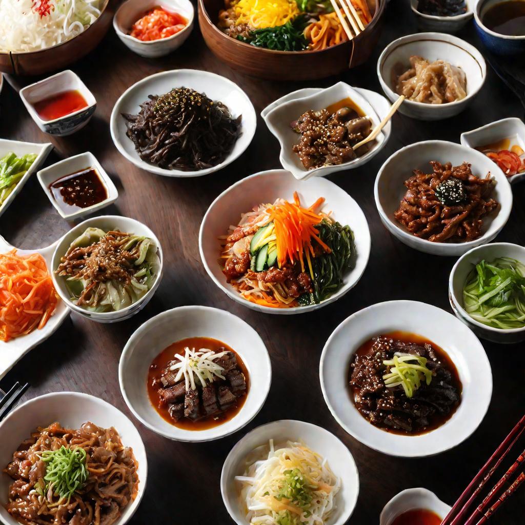 Близкий кадр традиционных корейских блюд с палочками для еды на столе.