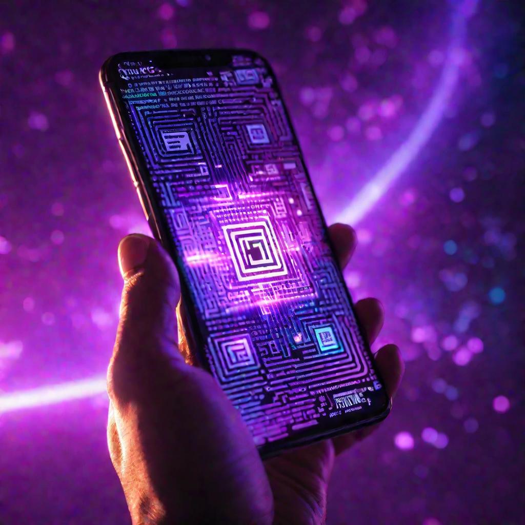 Телефон в руке сканирует ярко светящийся высокого разрешения голографический дополненный QR-код реальности, парящий в воздухе, излучающий фиолетовое свечение в стиле научной фантастики с эффектами глюков.