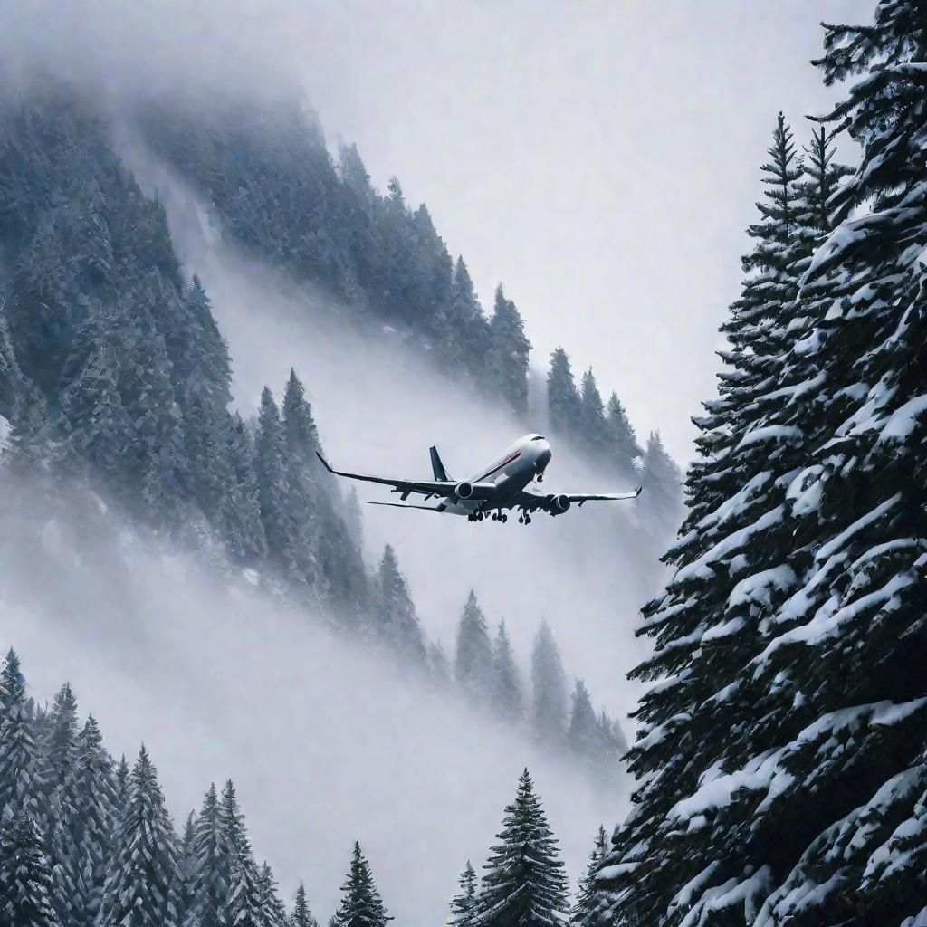 Самолет пролетает низко над заснеженным лесом