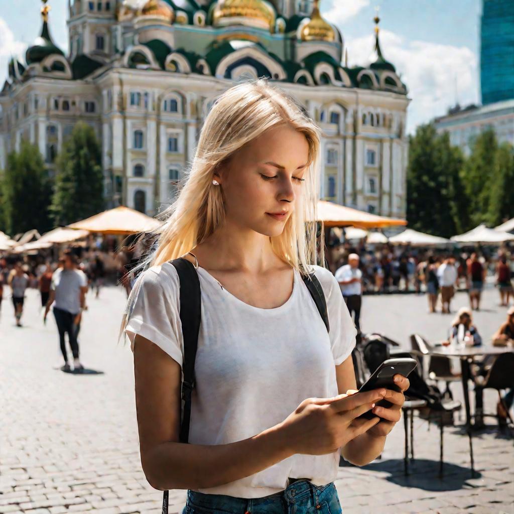 Девушка ищет на телефоне по карте мобильного приложения ближайшие банкоматы ВТБ 24 в Москве