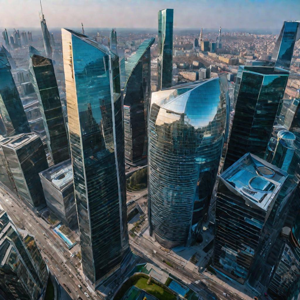 Вид сверху на три банкомата ВТБ 24, стоящие рядом в переулке среди небоскребов делового района Москвы