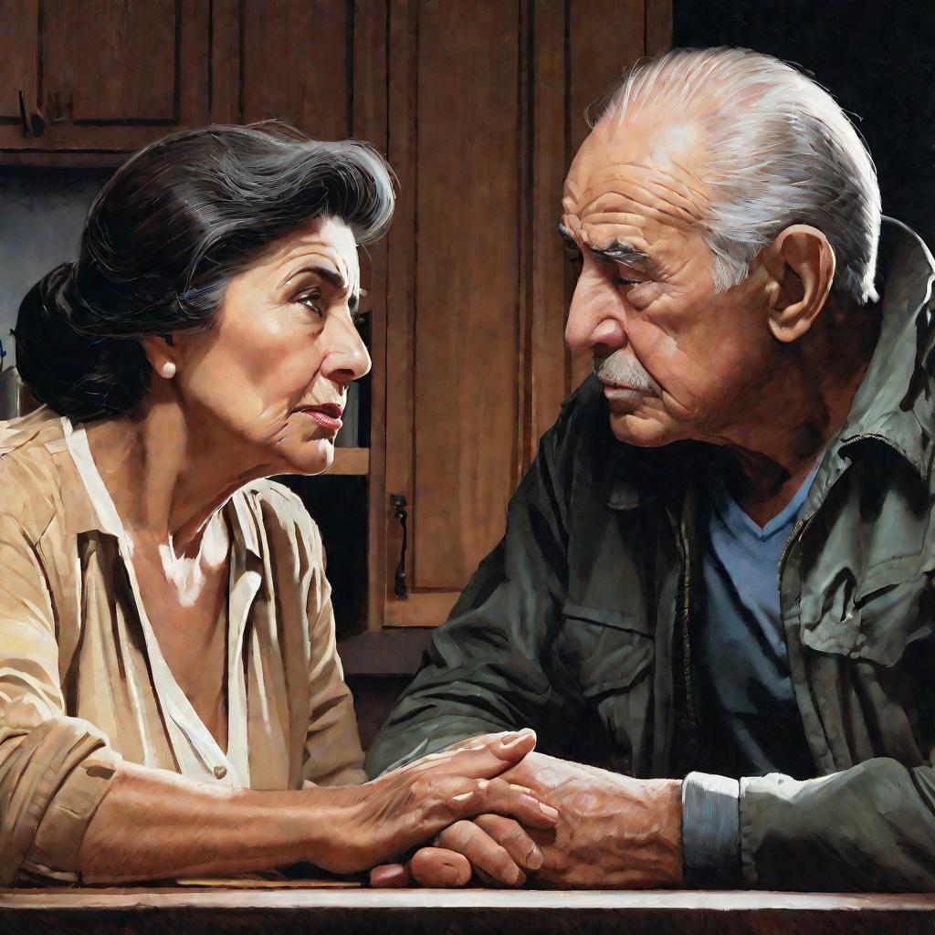 Пожилая пара разговаривает на кухне после предательства
