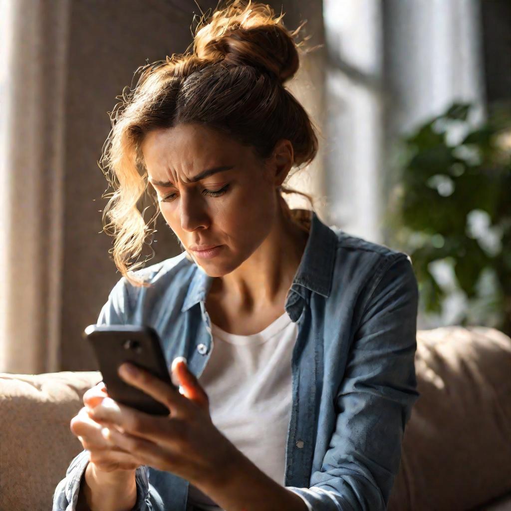 Обеспокоенная женщина сидит на диване дома и смотрит на экран смартфона с сообщением об ограничении доставки в социальной сети