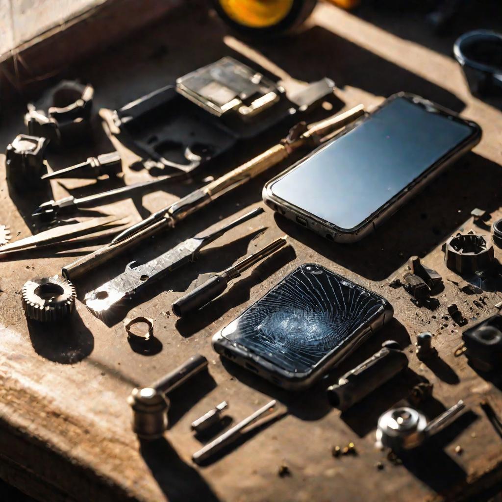 Вид сверху на разобранный сломанный смартфон в ремонтной мастерской на столе с инструментами вокруг в солнечном свете из окна