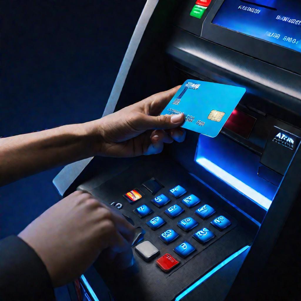 Рука держит кредитную карту над банкоматом Альфа-Банка