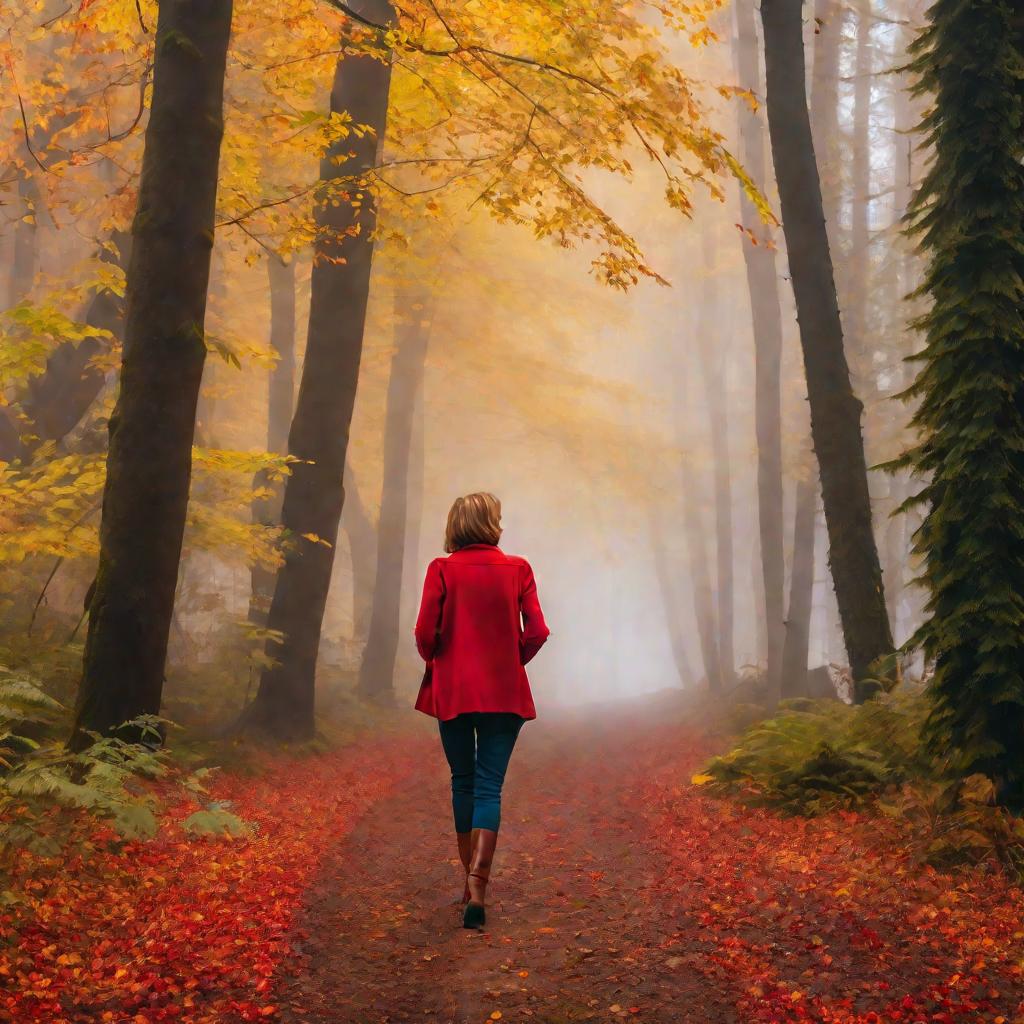 Женщина гуляет по осеннему лесу, задумавшись