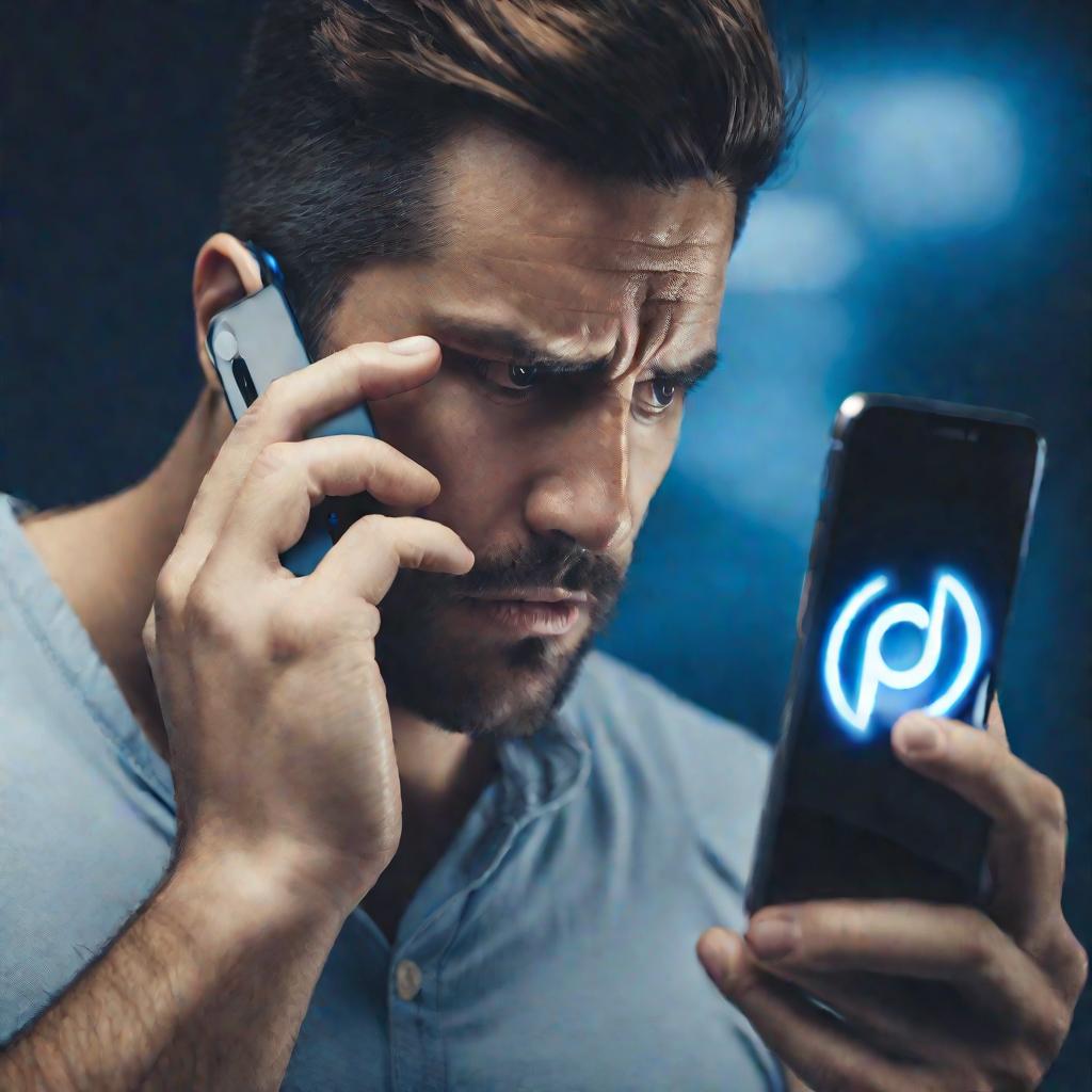 Мужчина смотрит в телефон с ошибкой