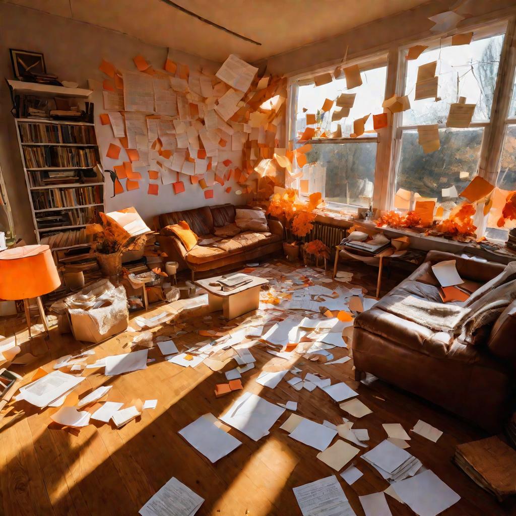 Широкий вид сверху в солнечный осенний день, показывающий всю гостиную, в которую через окна проникает оранжевый свет. Вся комната представляет собой большой беспорядок с разбросанными листами бумаги, случайными стикерами, вырванными страницами из техниче
