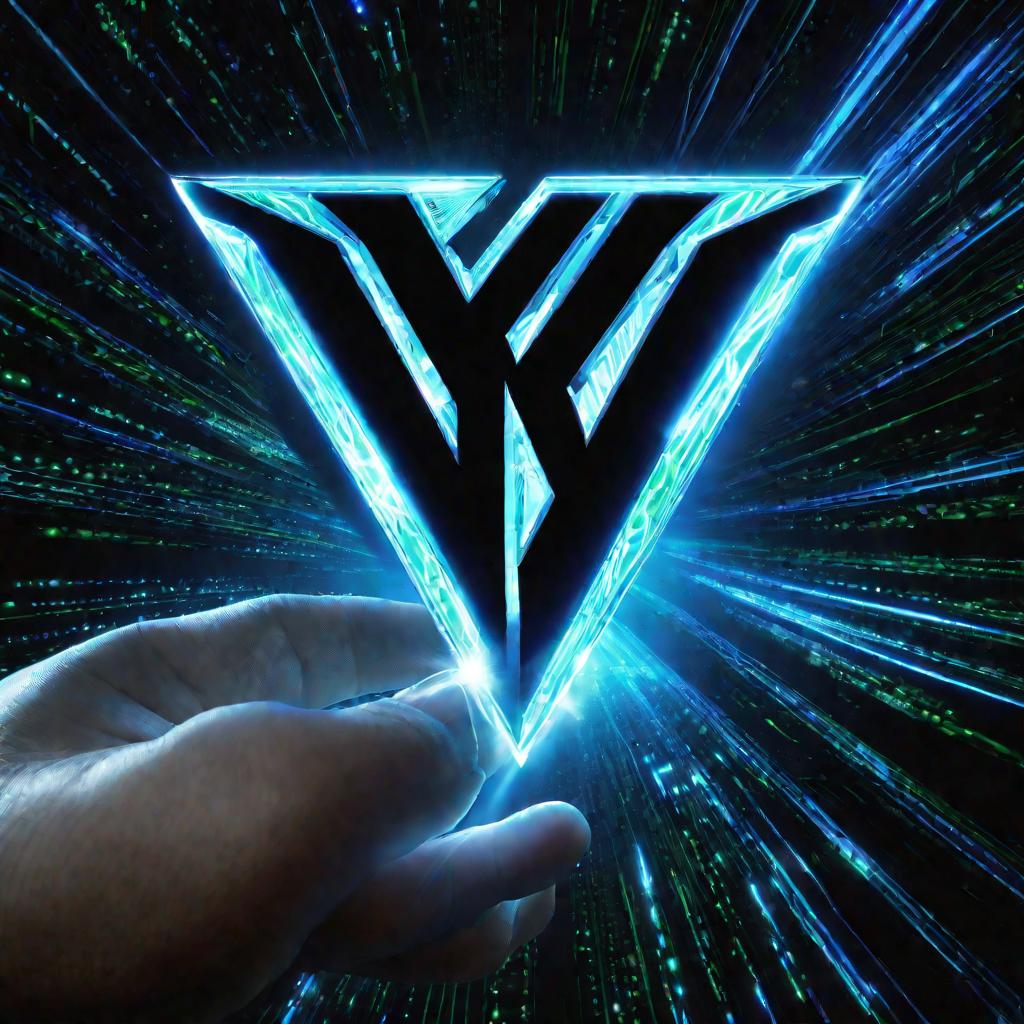 Крупный план на черном фоне показывает логотип vk, испускающий лучи нежно светящихся голубых световых частиц, плавно поднимающихся вверх. В центре палец касается середины с входящим следом зеленых данных авторизации и числовой последовательности с легкими