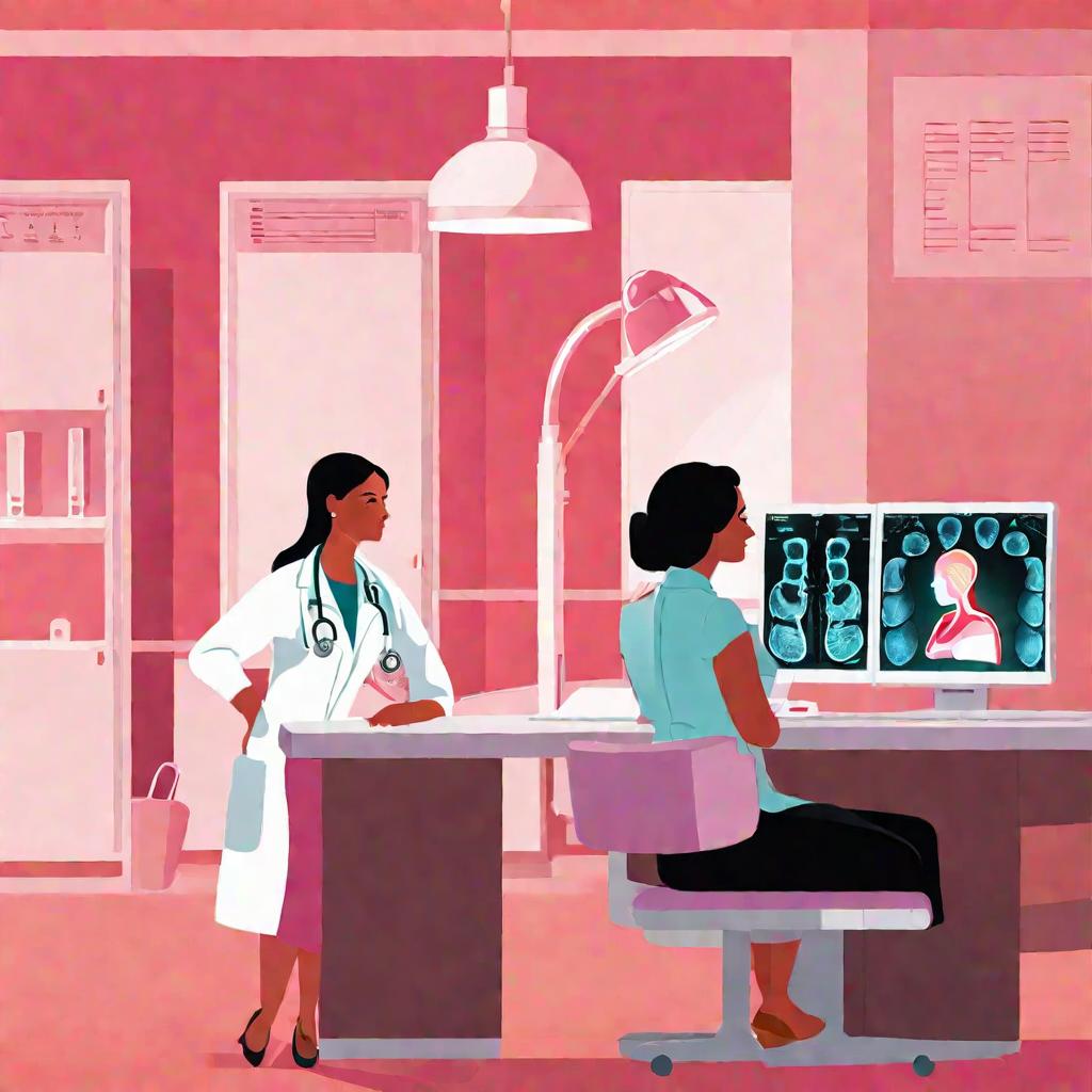 Врач и пациентка обсуждают результаты маммограммы, которые могут указывать на патологические изменения, ответственные за боль в груди во время овуляции.