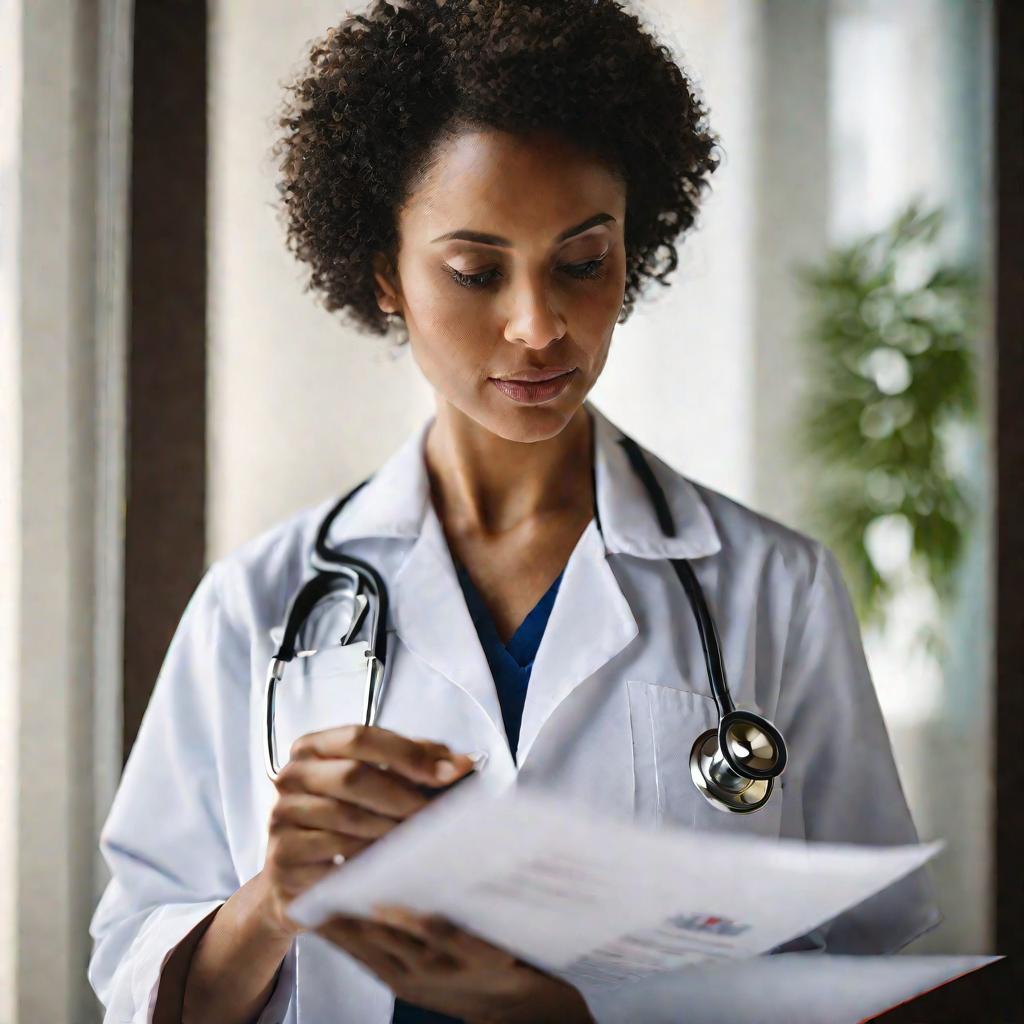 Женщина-врач в белом халате изучает медицинский сертификат, чтобы проверить его подлинность.