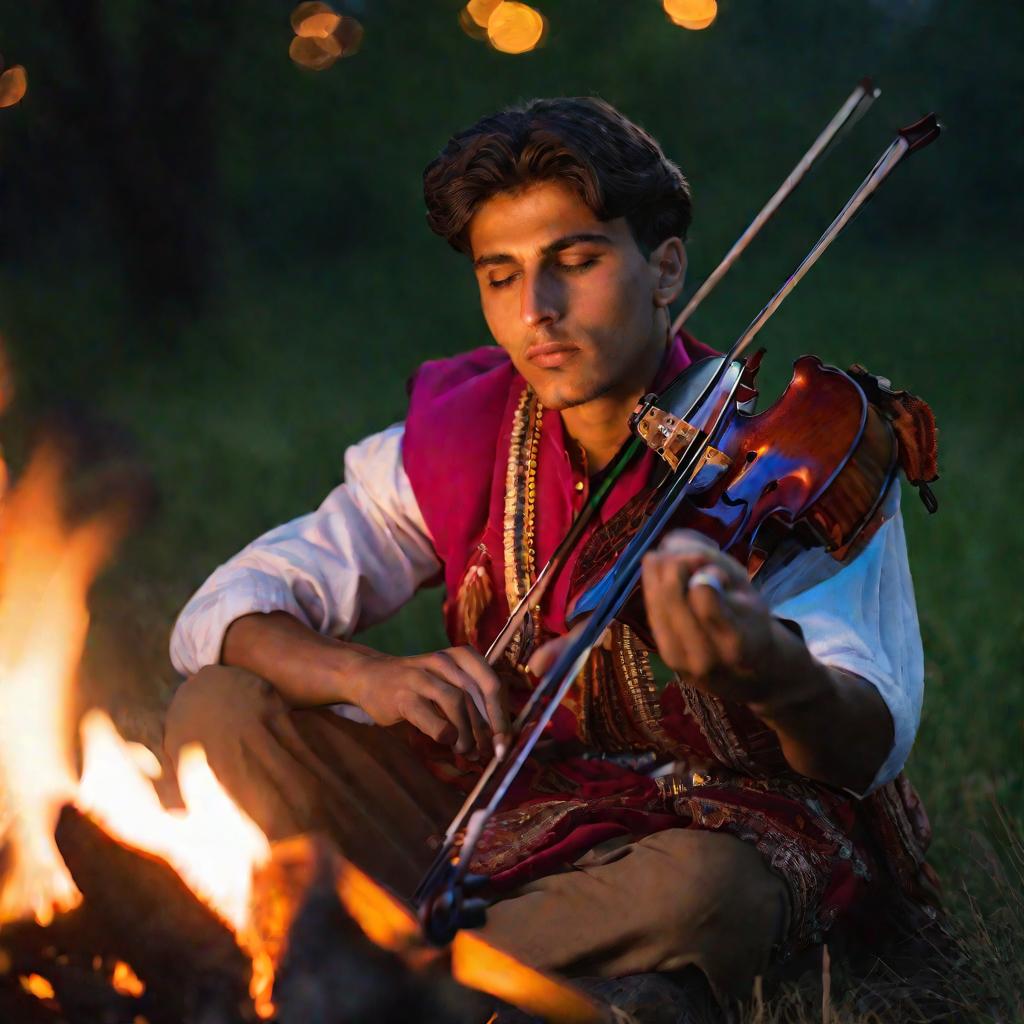 Задумчивый молодой цыган играет на скрипке у костра, размышляя, уклоняться от армии или служить.