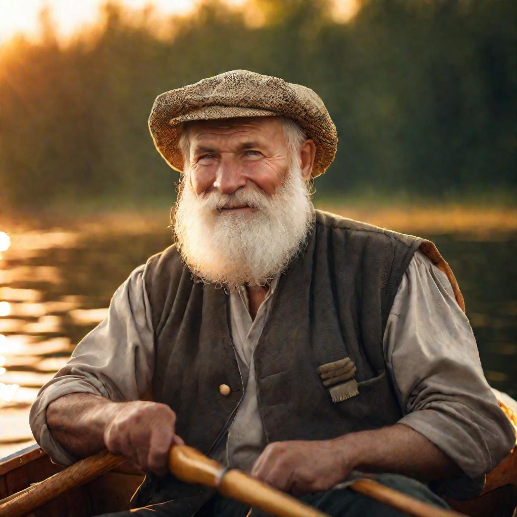 Портрет старого бородатого рыбака в лодке на Волге с уловом