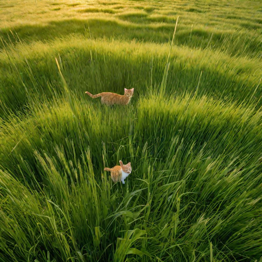 Кошки на лугу едят траву, котенок играет