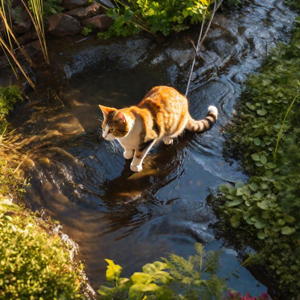 Кошка осторожно трогает лапой воду