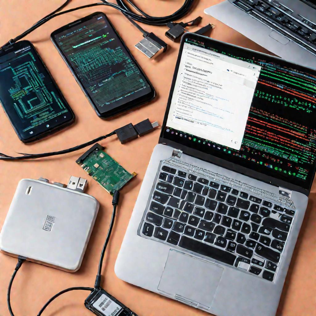 Ноутбук с открытым кодом и смартфон с ошибкой на экране, разбросаны провода и комплектующие