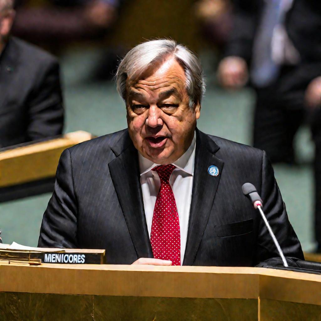 Портрет генсека ООН Антониу Гутерриша выступает на трибуне ГА ООН
