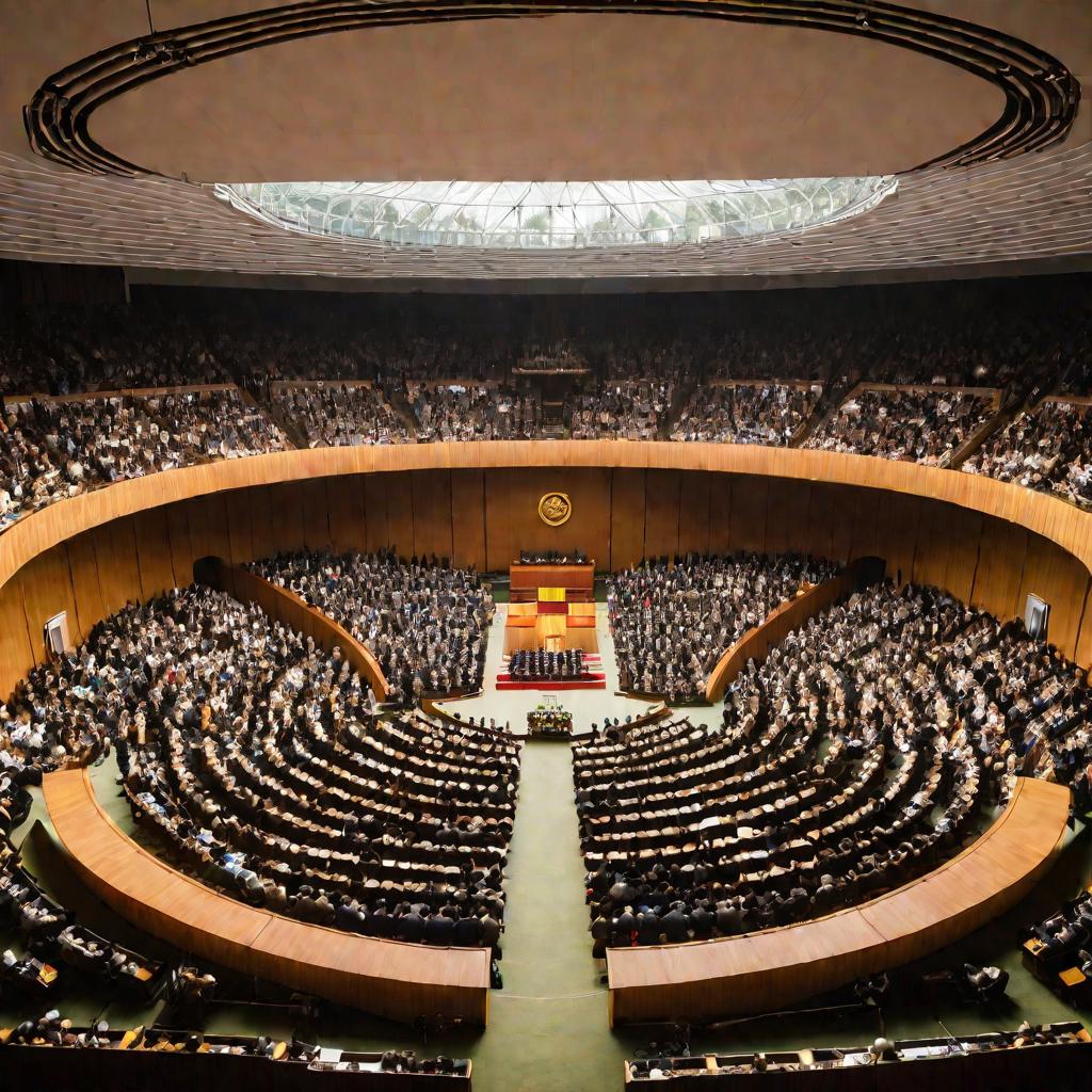 Вид сверху на большой полукруглый зал Генеральной Ассамблеи ООН