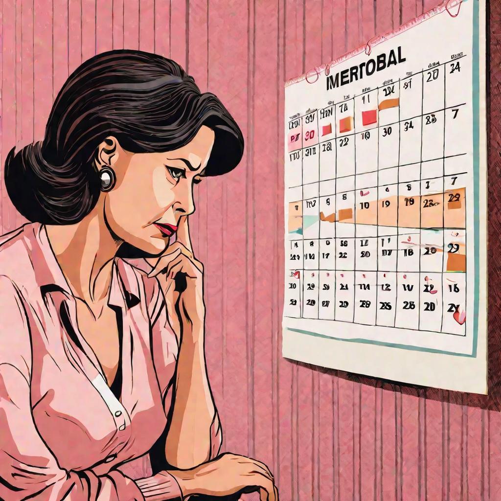 Женщина обеспокоенно смотрит на календарь с отмеченными аномально короткими месячными