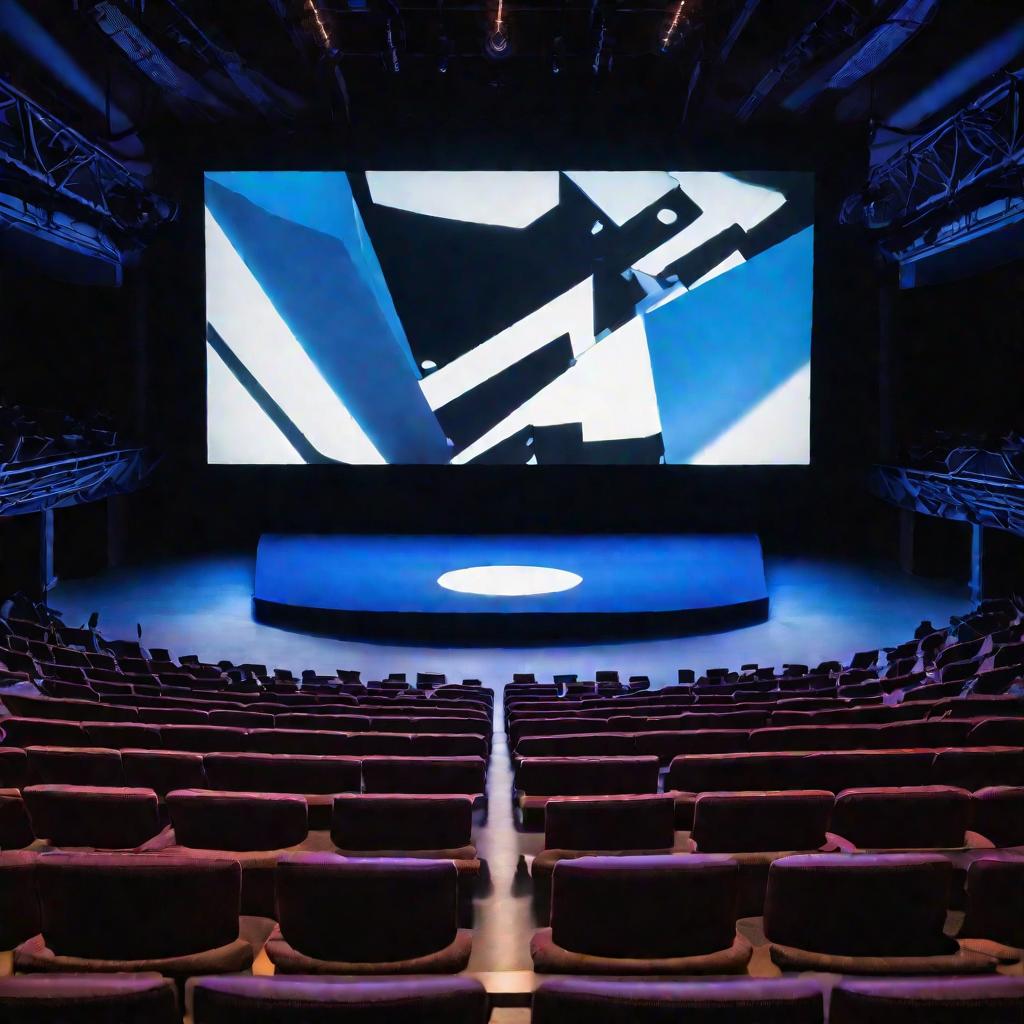 Огромный экран в зале показывает голубое диалоговое окно об ошибке на фоне искаженных цветных слайдов