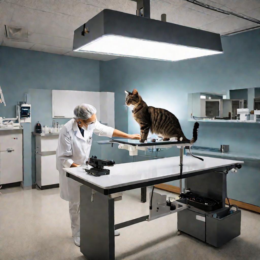 Ветеринар осматривает глаза кошки с помощью офтальмоскопа