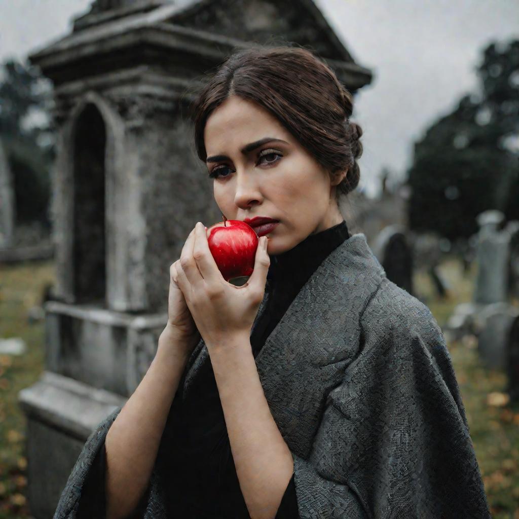 Печальная женщина с яблоком на кладбище