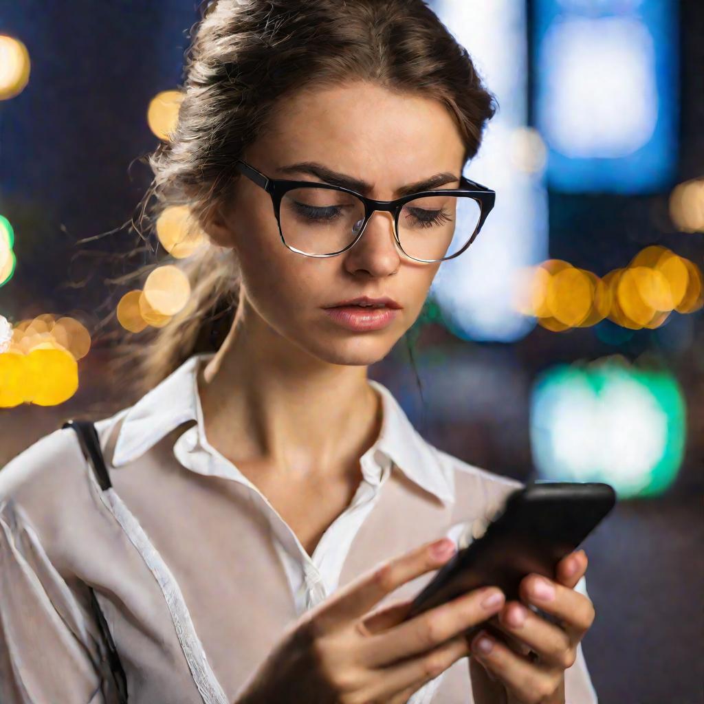 Девушка в очках пытается безуспешно установить приложение Тинькофф на смартфон на фоне улицы