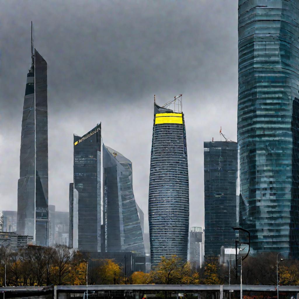 Небоскребы банков в туманный день, башня Тинькофф в ремонте из-за санкций