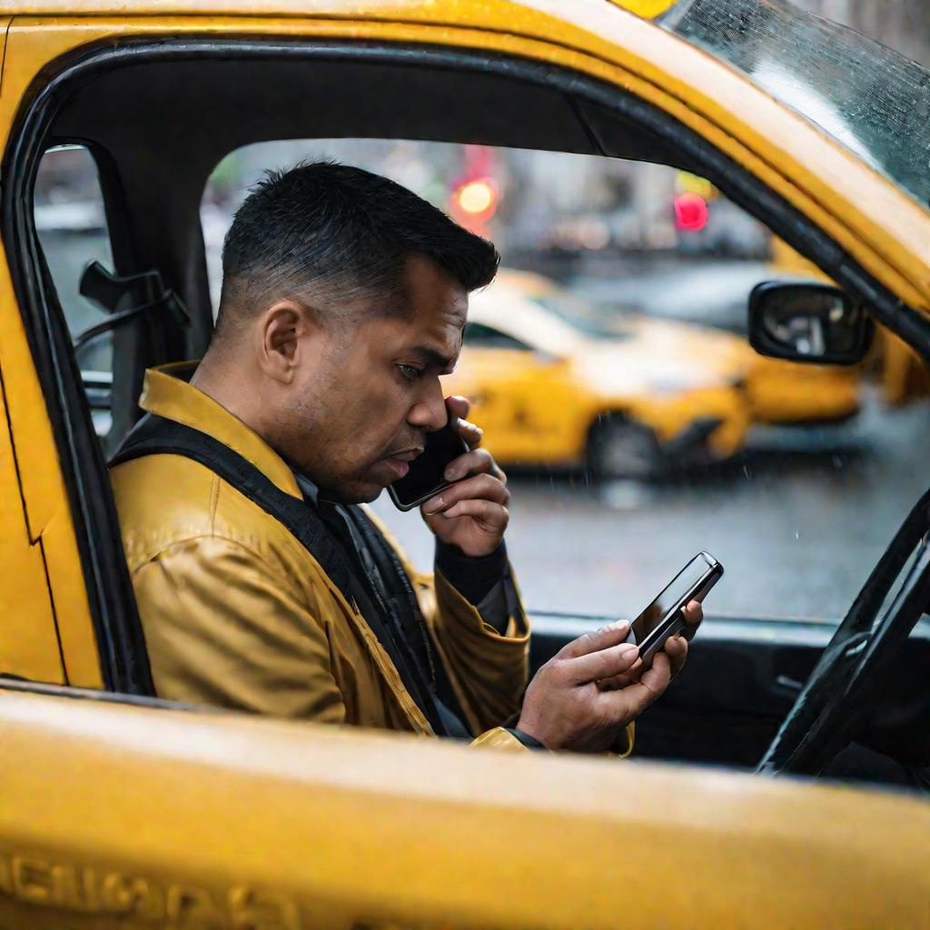 Крупный план портрет таксиста, сидящего в своей машине и смотрящего в свой смартфон. Он выглядит обеспокоенным и сбитым с толку. Его желтое такси припарковано на городской улице в пасмурное утро. Позади него по мокрой дороге движется умеренное количество 