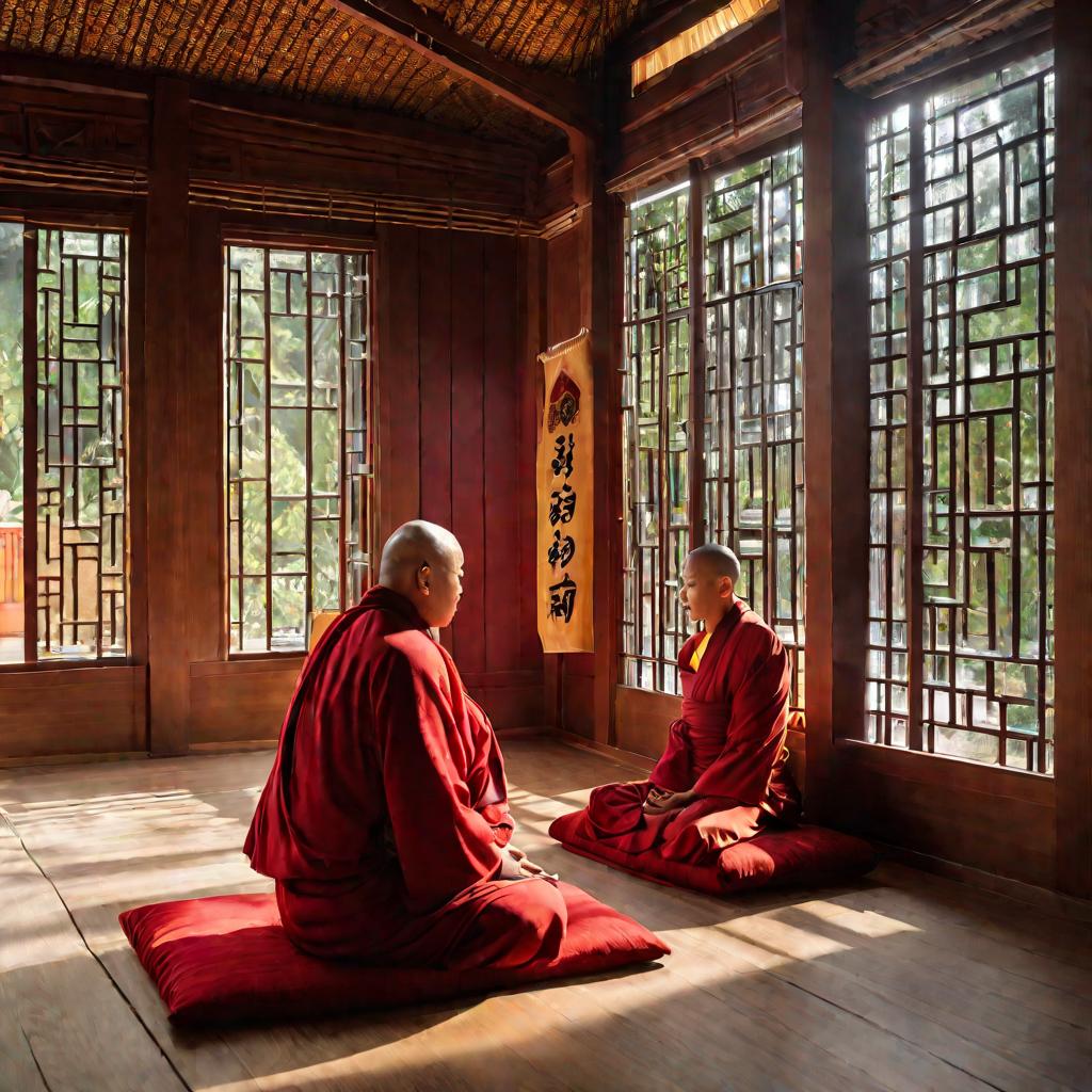 Старый и молодой монахи медитируют на солнце