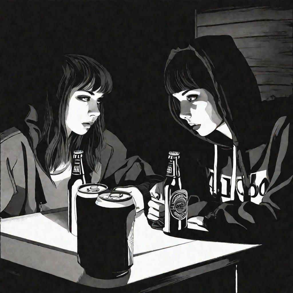 Две пацанки пьют пиво в комнате