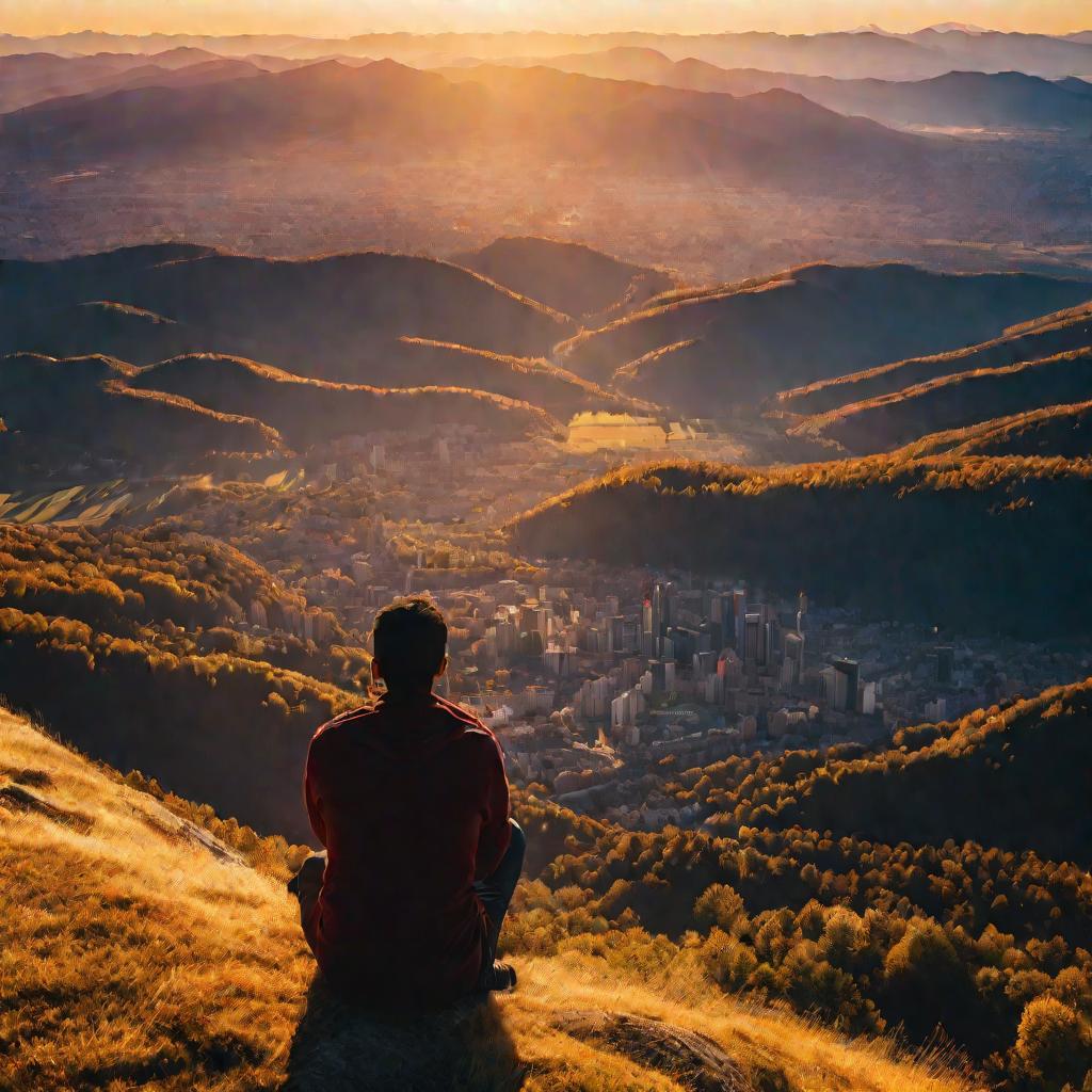 Человек смотрит с горы на город в раздумьях о разных точках зрения