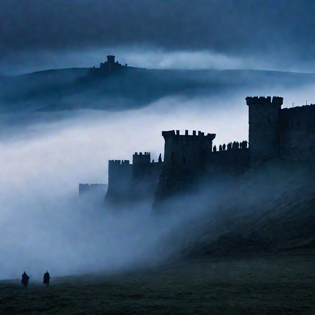 Вид крепости на Кавказе в тумане на фоне темного неба