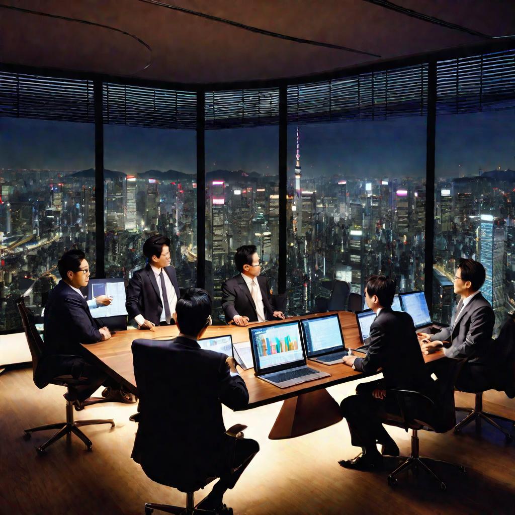Японские бизнесмены обсуждают графики в офисе