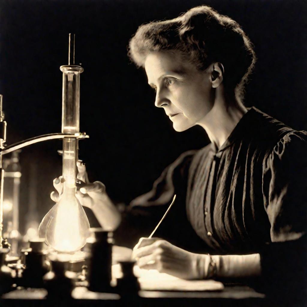 Мария Кюри изучает свечение радия в лаборатории