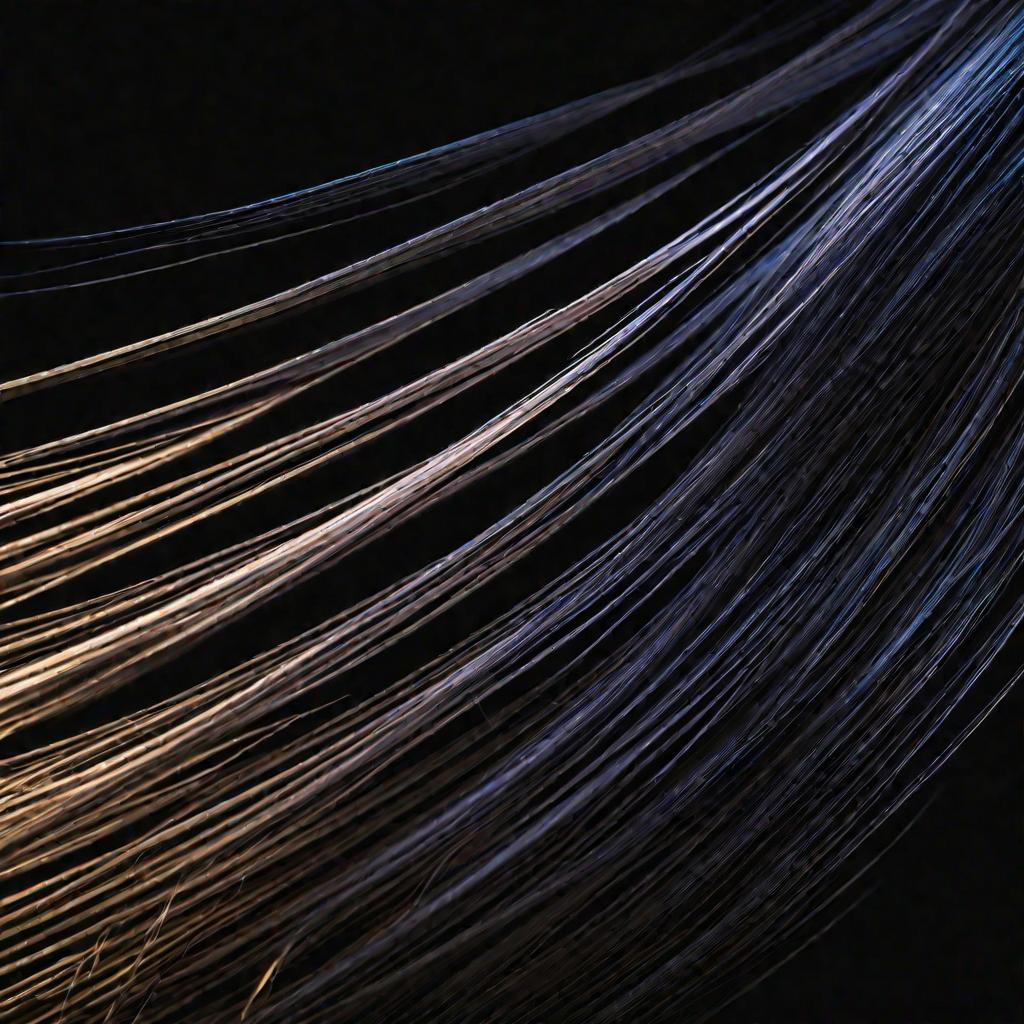 Вблизи торчащие электризованные пряди волос на черном фоне с мягкой подсветкой, демонстрирующие сильный эффект статического электричества с беспорядочно изогнутой формой