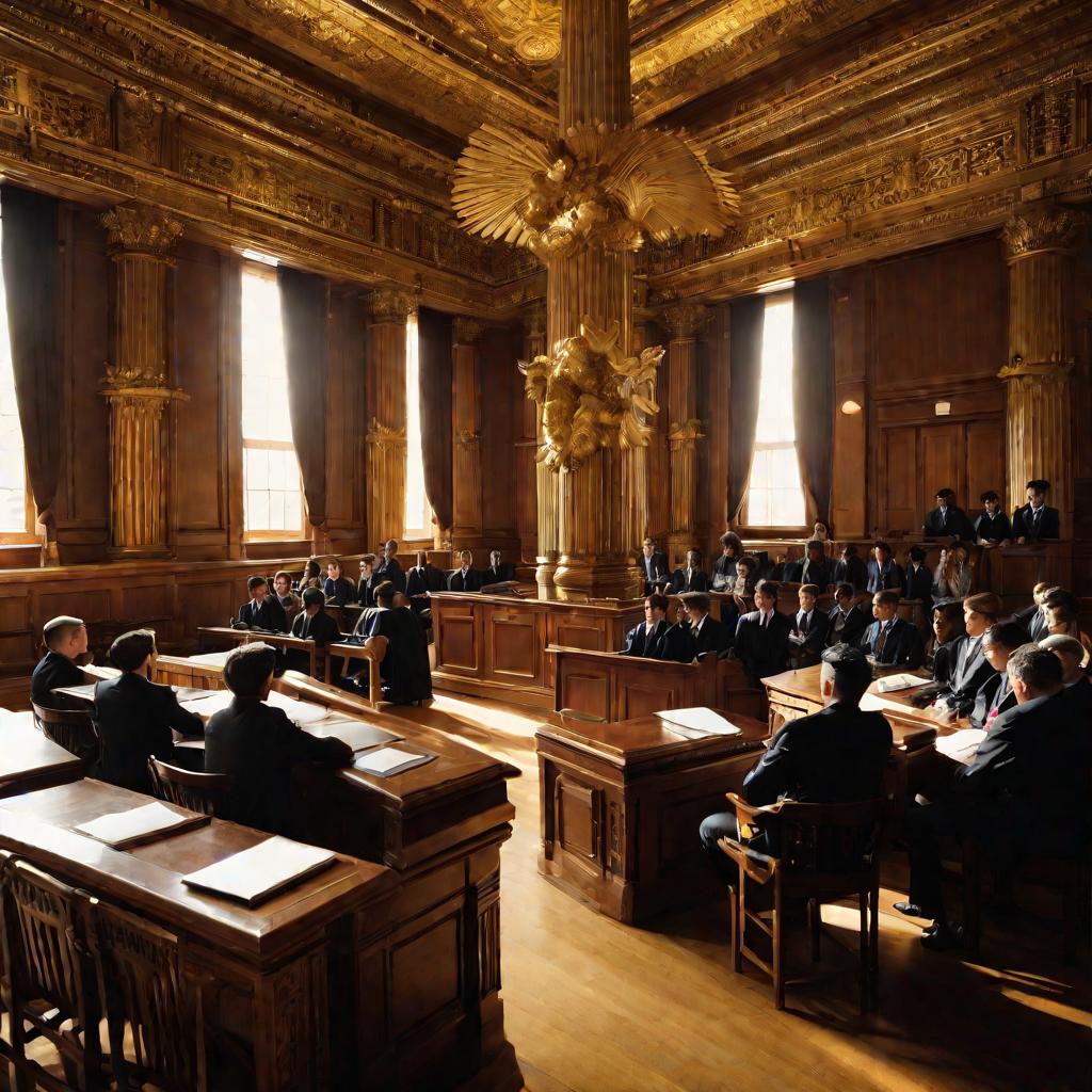 Заседание учебного суда в интерьере зала суда.