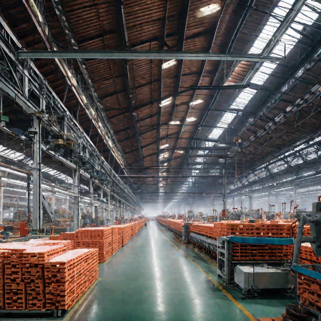 Вид цеха - большого ярко освещенного производственного помещения с рядами грохочущих высокотехнологичных итальянских линий по производству кирпича, уходящих вдаль в зимнее рабочее утро.