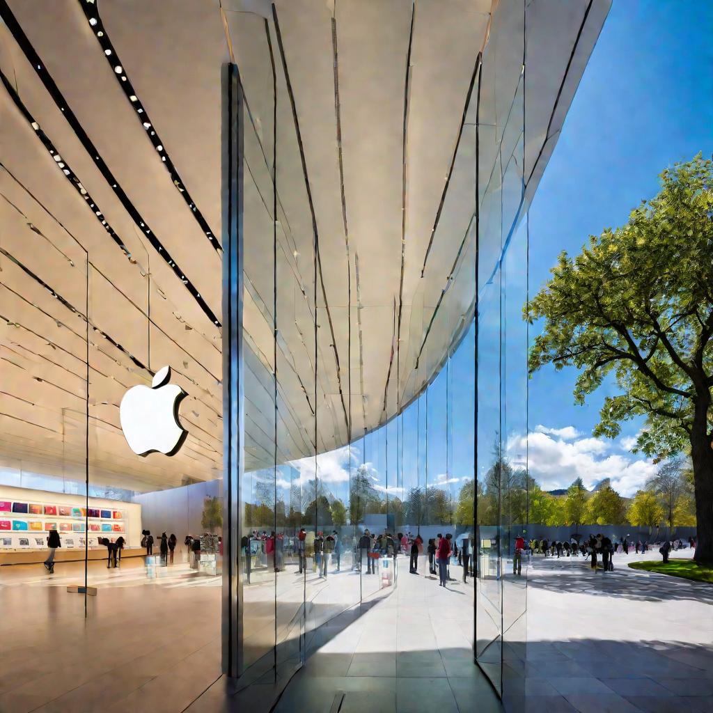 Широкий кадр внешнего вида магазина Эппл с огромным светящимся логотипом Apple над входом и голубым небом с солнцем и облаками над стеклянными окнами от пола до потолка с разноцветными iMac и аксессуарами внутри