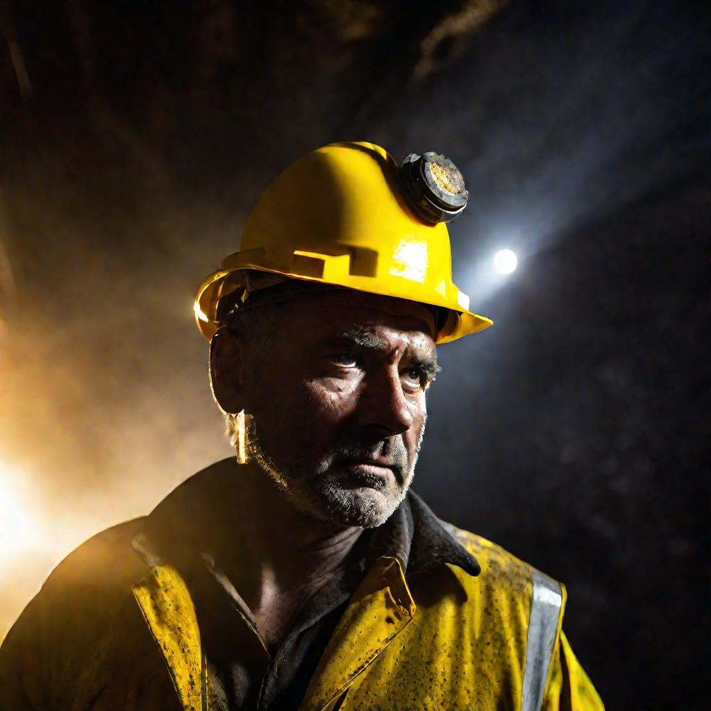 Портрет шахтера в каске у входа в шахту