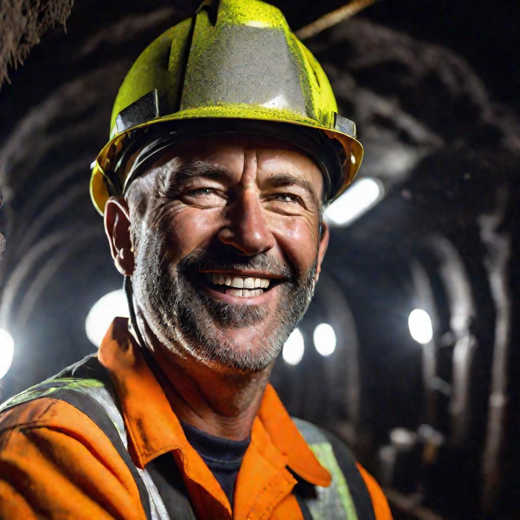 Портрет улыбающегося шахтера средних лет в каске и спецодежде, работающего в угольной шахте