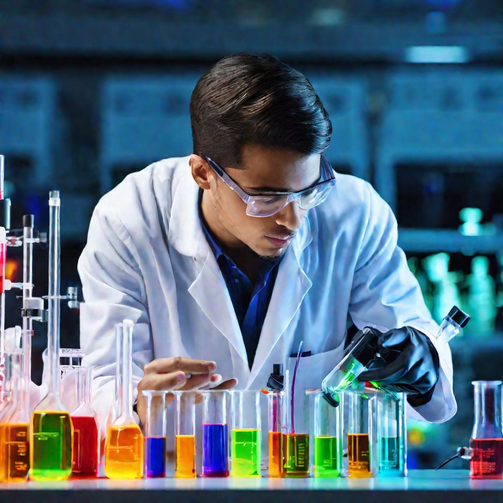 Студент-химик в белом халате работает с колбами в лаборатории